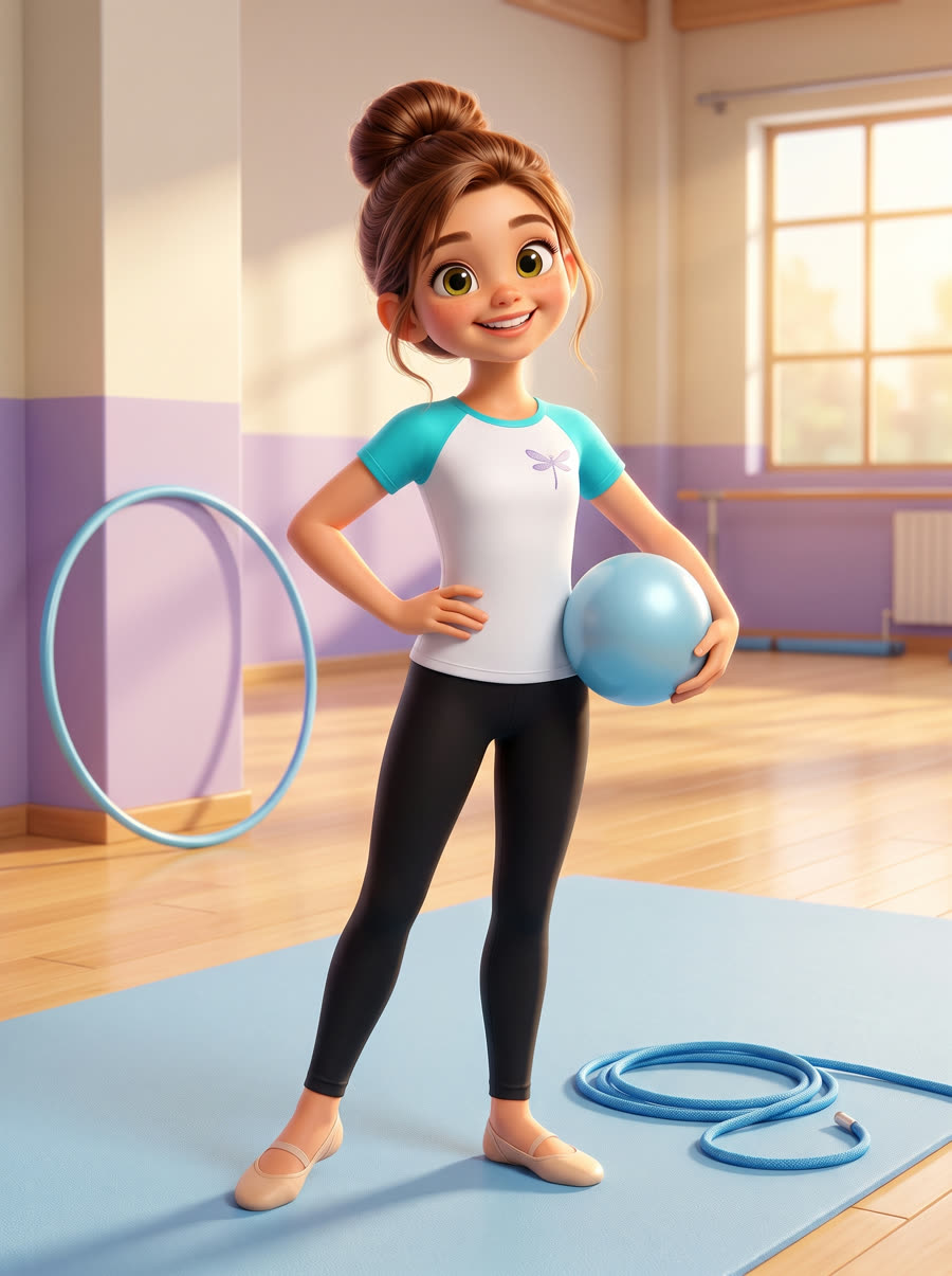 Bambina di ginnastica ritmica con palla, fune e cerchio
