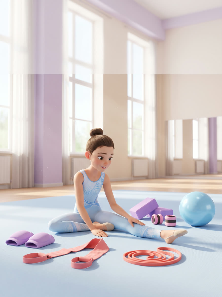 Atleta di ginnastica ritmica seduta sul tappeto con la sua attrezzatura