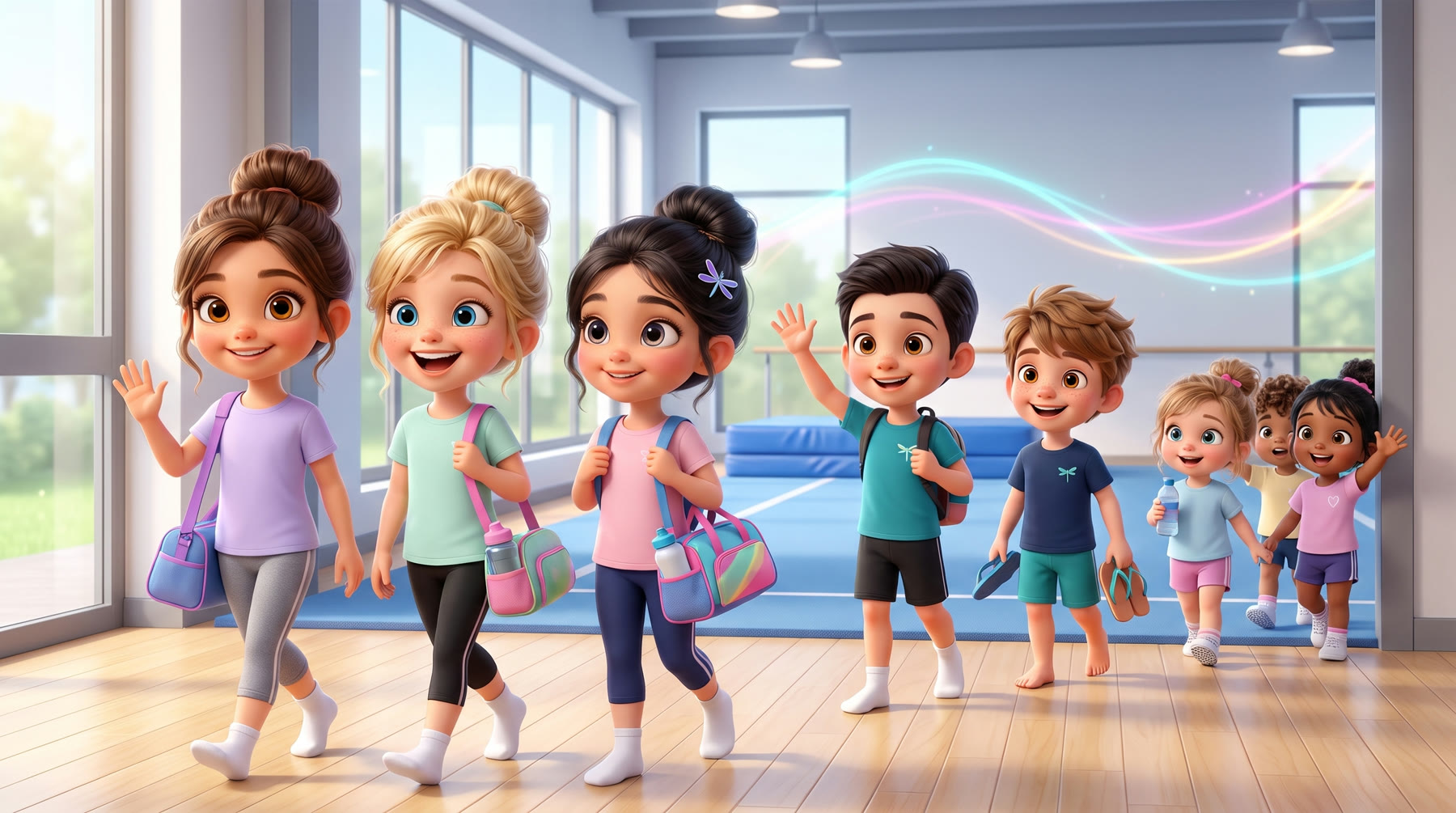Aurora, Carlotta, Sofia, Tommaso, Giacomo e le piccole pesti arrivano in palestra con le borse