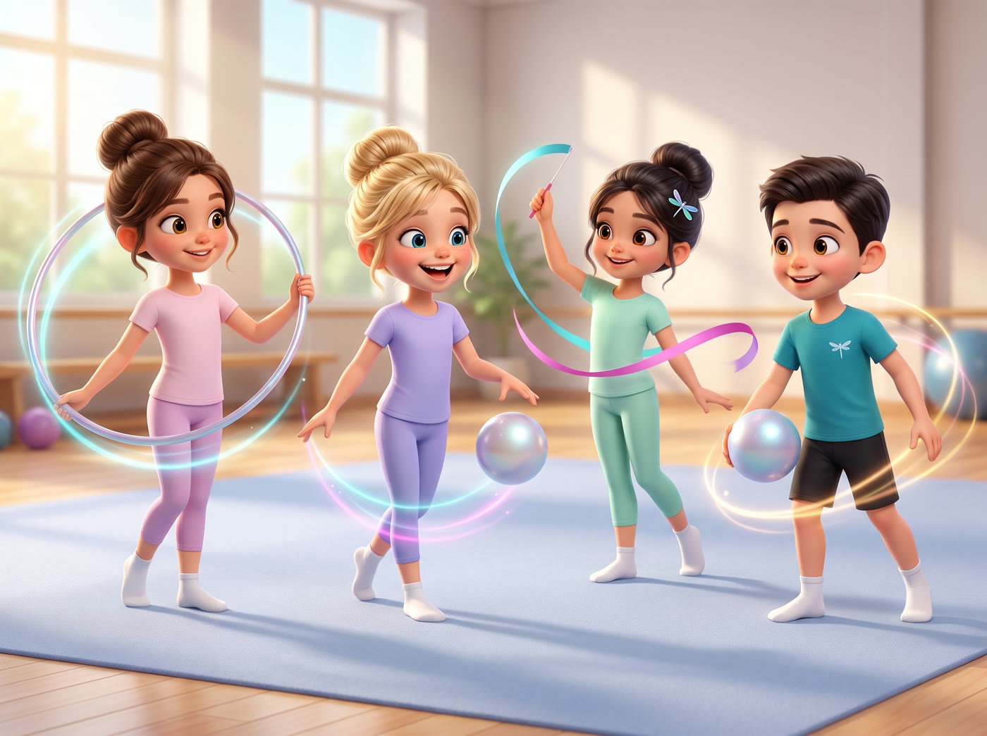 Aurora, Carlotta, Sofia e Tommaso in pedana con cerchio, palla e nastro, in calzini bianchi