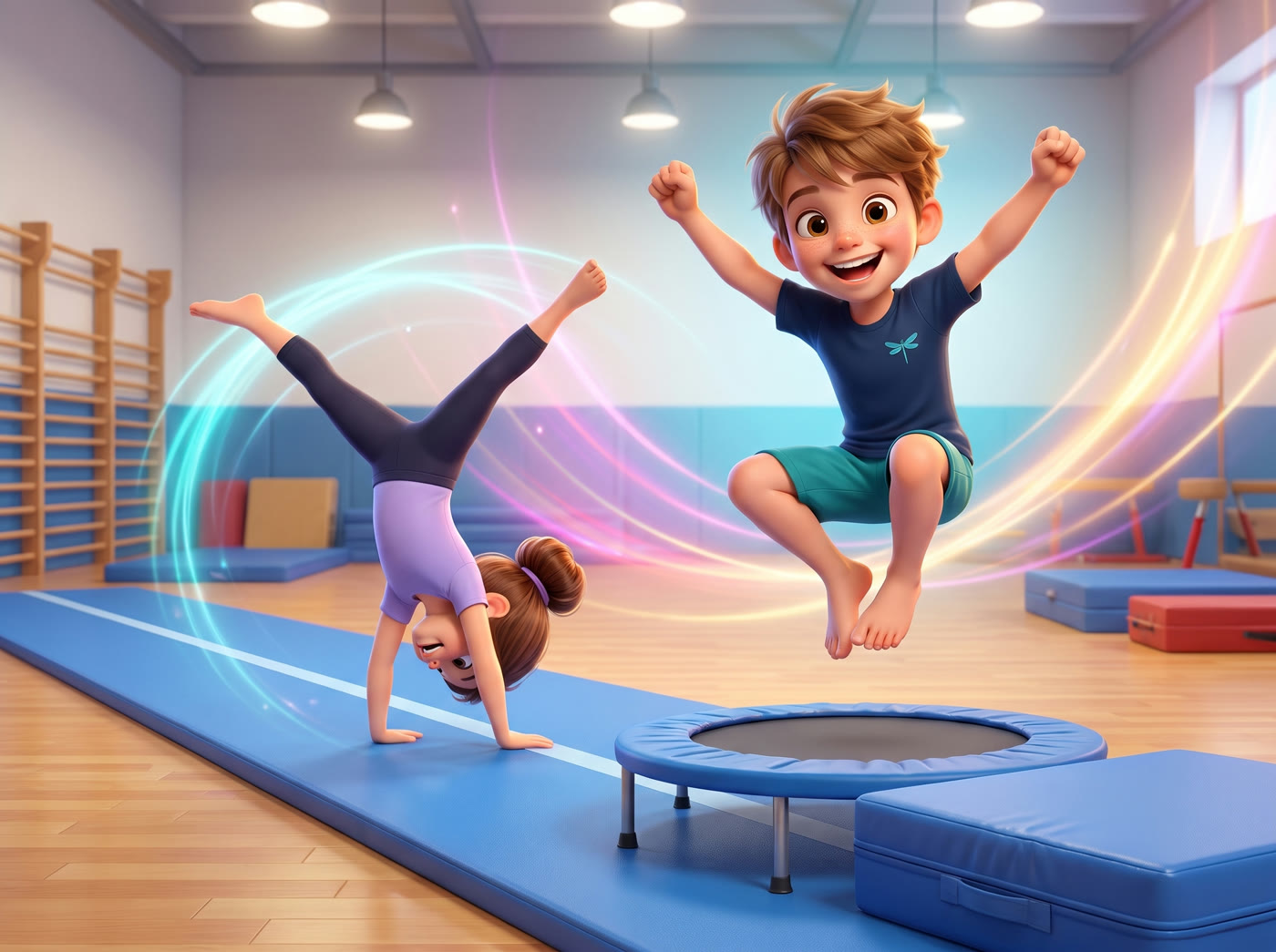 Giacomo salta sul mini-trampolino e una compagna fa la ruota sulla pista, tutti e due scalzi