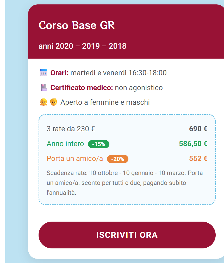 Scheda del corso sul sito con il pulsante Iscriviti ora