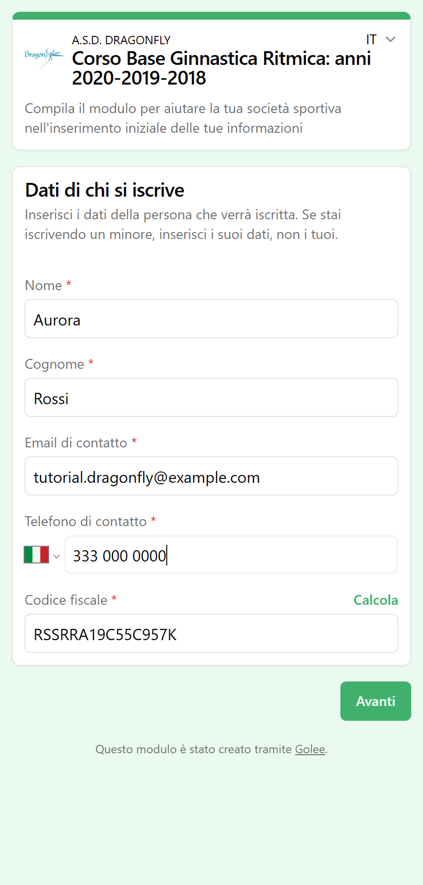 Prima pagina del modulo: dati di chi si iscrive