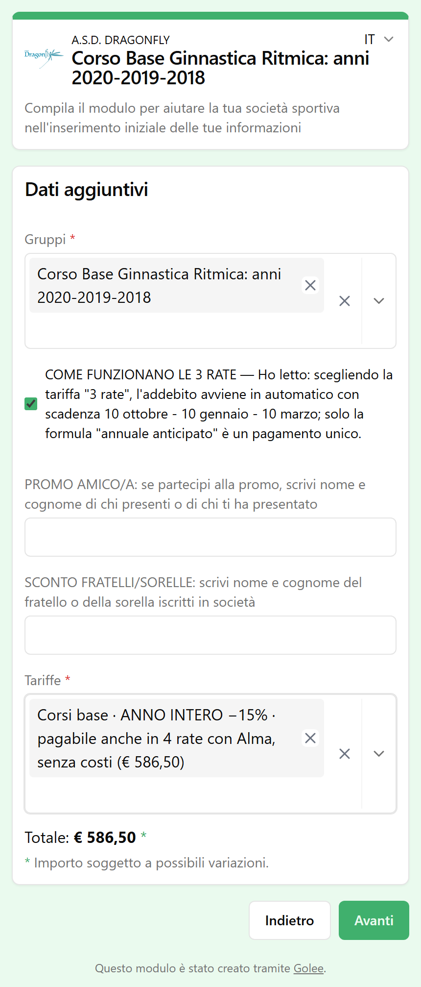 Dati aggiuntivi: gruppo, promozioni e tariffa