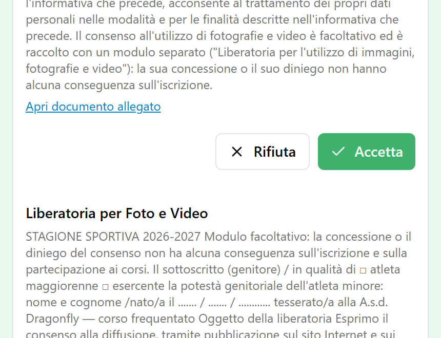 Privacy e consensi: pulsante Accetta