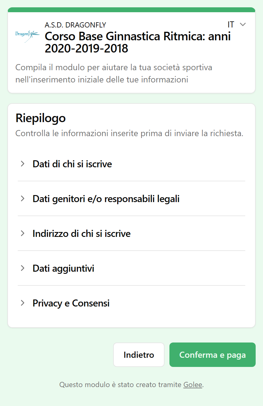 Riepilogo e pulsante Conferma e paga