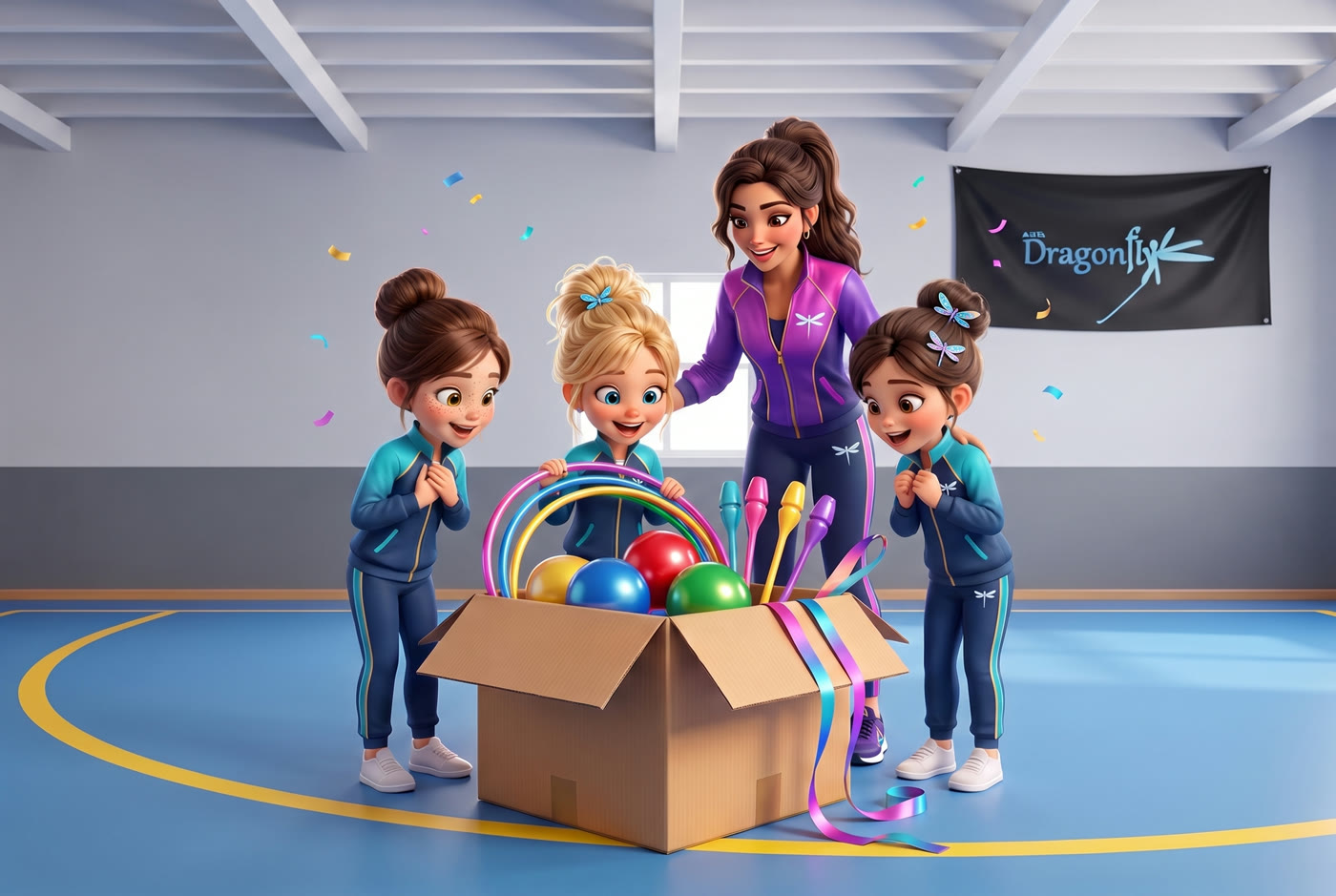 Coach Anna e le piccole atlete Dragonfly aprono una scatola di attrezzi nuovi