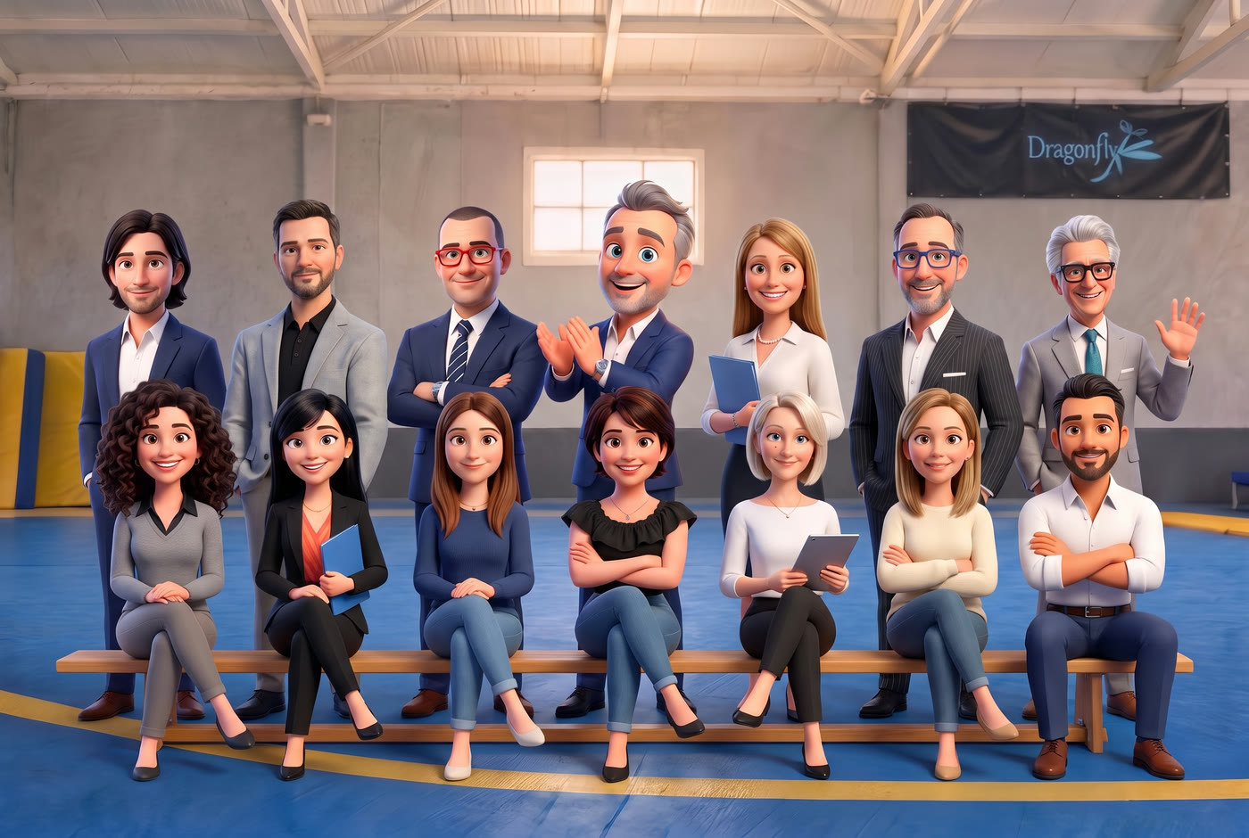 La squadra di SMC Studio Manager Consulting al completo, disegnata come i personaggi Dragonfly, in posa come una squadra sportiva nella nostra palestra