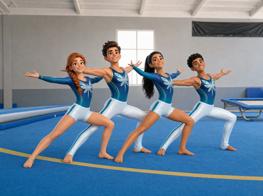 Martina, Nicolò, Elisa e Leonardo nella stessa posa, sincronizzati sul tappeto